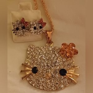 New Pink Crystal Hello Cat Face W Bow Golden Necklace + Kitty Stud Earrings Set